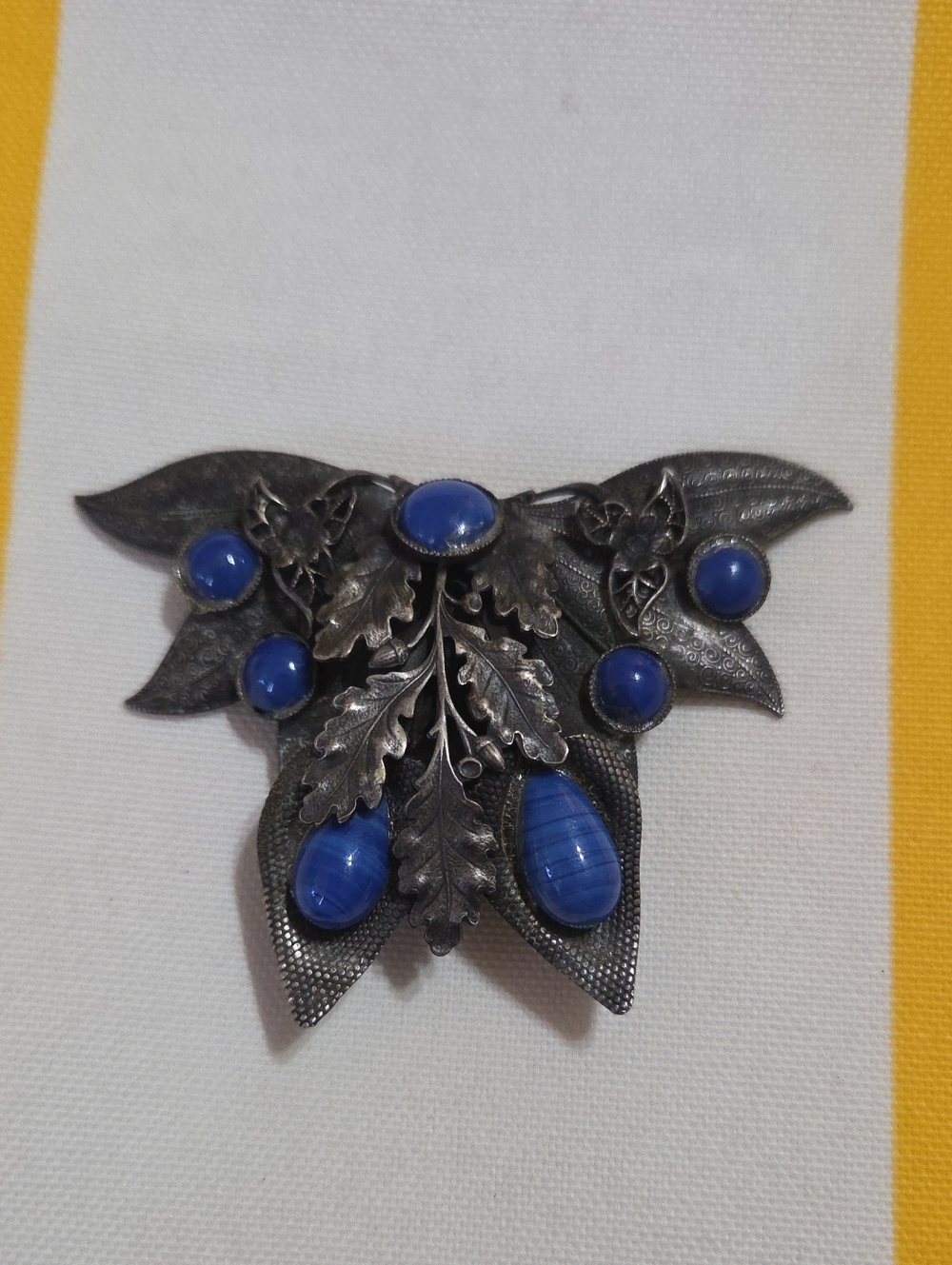Pewter Leaf Brooch with Deep Blue Cabochons